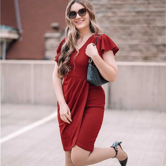 NWT IHOT Women's V Neck Flutter Sleeve Sheath Wrap Ruched Dress in Wine, Medium - Picture 3 of 13